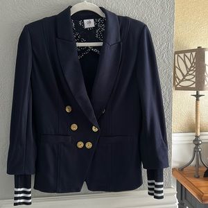 “CABI” Navy blazer with knit white & navy stripes as the cuffs. Size 4